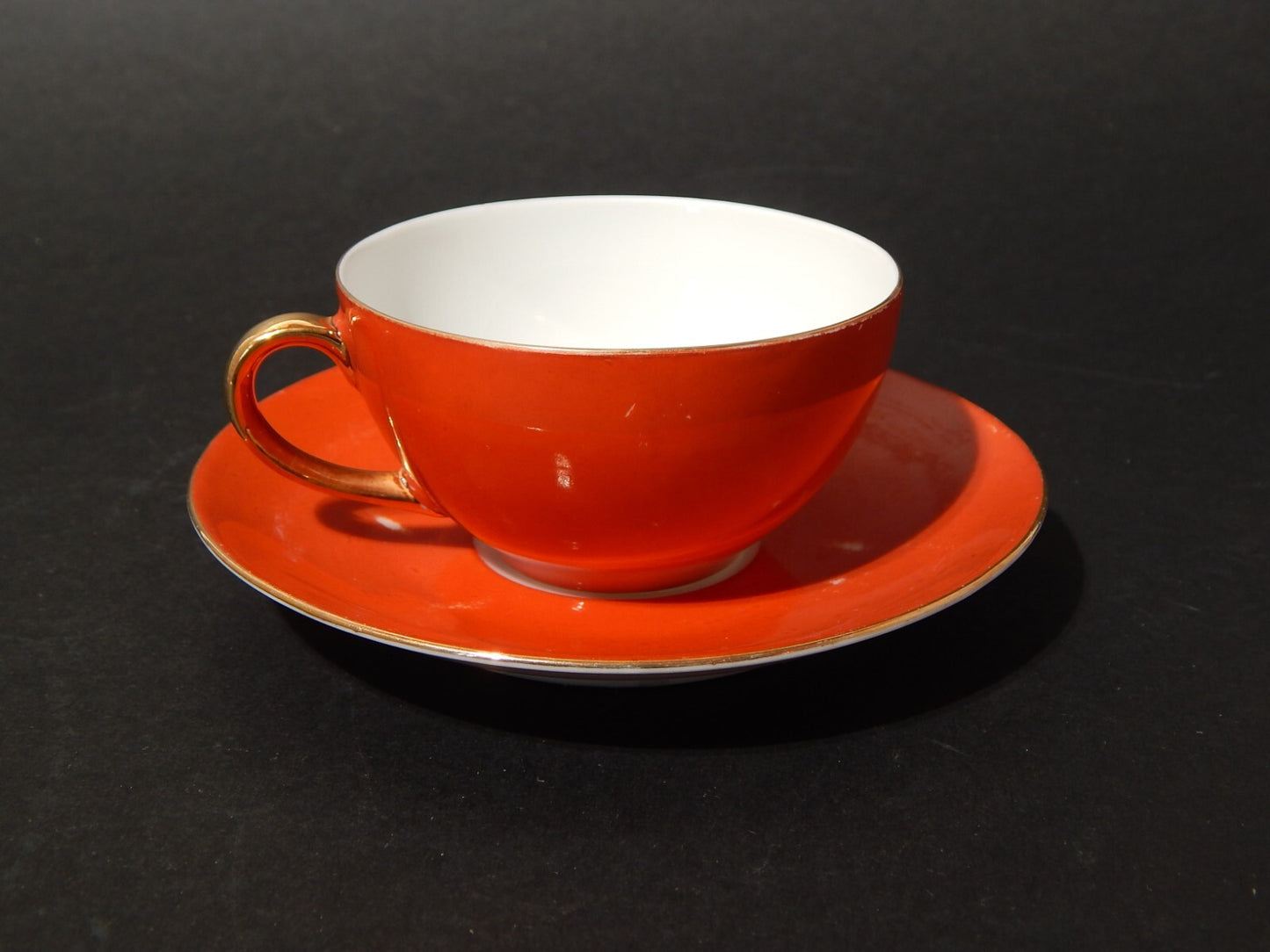 ANTICA RETRO' PREZIOSA TAZZINA PORCELLANA COLORE ARANCIO E ORO