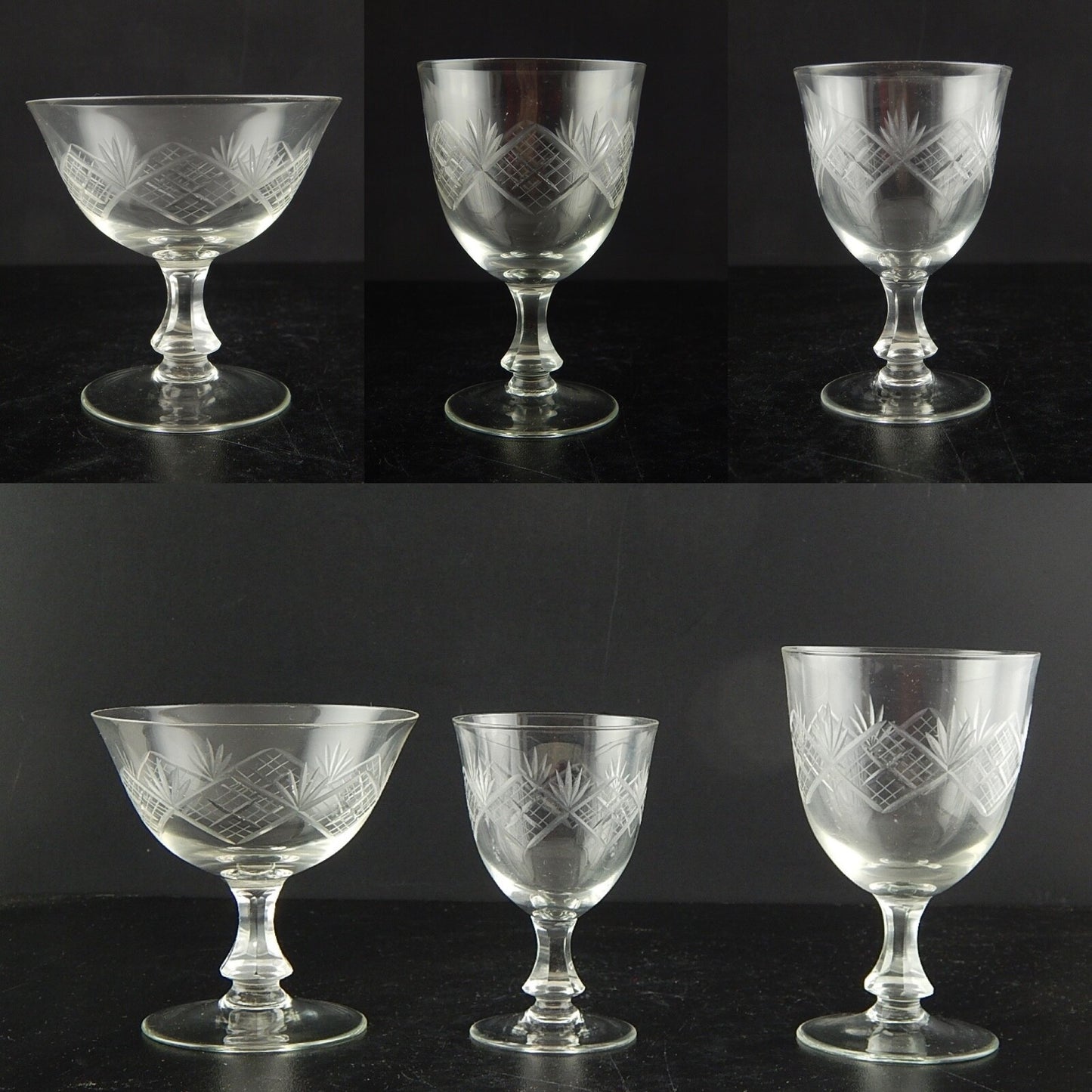 ANTICO ART DECO SET 18 BICCHIERI CALICI CRISTALLO BOEMIA INCISI MOLATI BOTTIGLIA