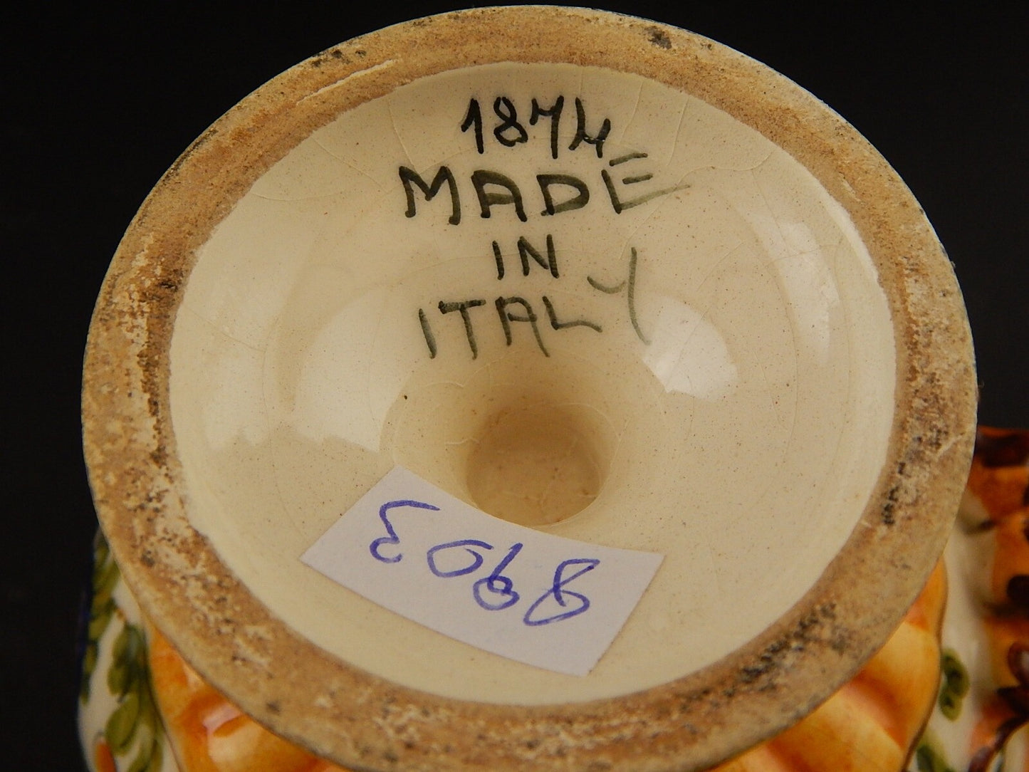 ANTICA TAZZA MAIOLICA CERAMICA POLICROMA FANTECHI ANSA A SERPE PRIMO 900 DIFETTI