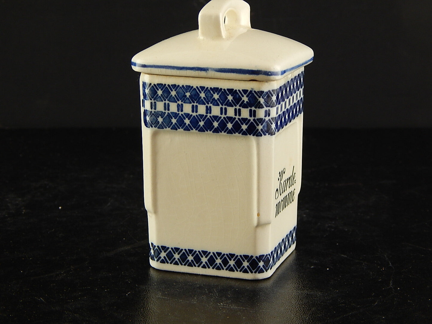 ANTICO BARATTOLO SPEZIE CERAMICA CARDAMOMO CUCINA ART DECO PRIMO 900 BIANCO BLU