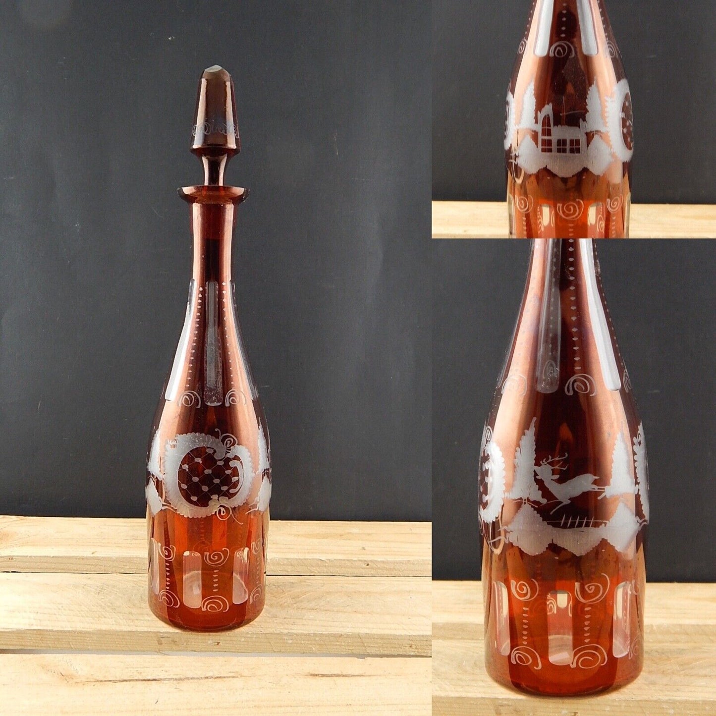 ANTICA RARA BOTTIGLIA INCISA CRISTALLO BOHEMIA BIEDERMEIER ROSSO RUBINO