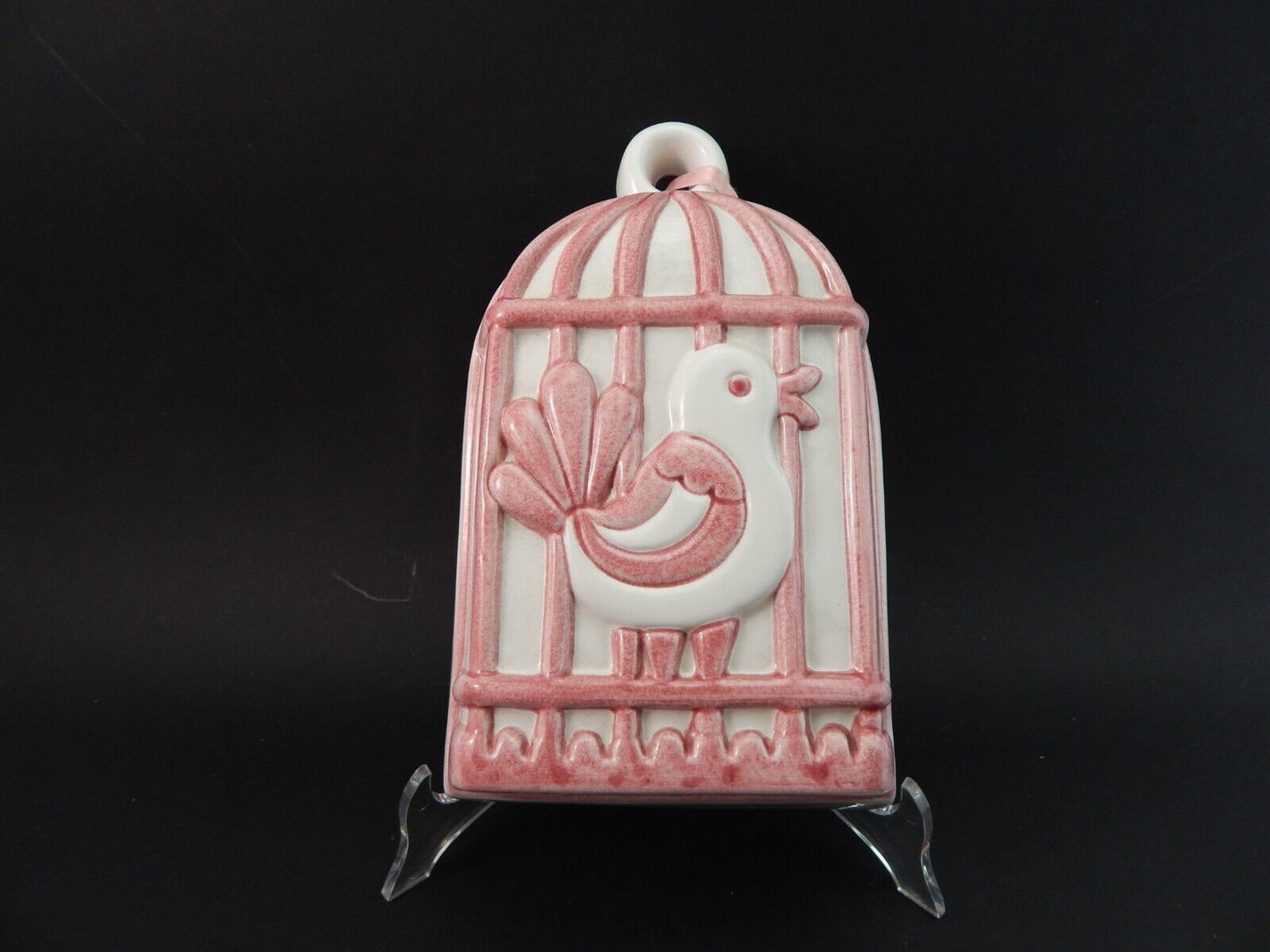 VINTAGE FORMELLA CERAMICA DESIGNER LENE VECCHIA THUN GABBIA CON UCCELLINO ROSA