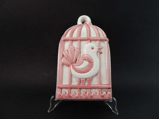 VINTAGE FORMELLA CERAMICA DESIGNER LENE VECCHIA THUN GABBIA CON UCCELLINO ROSA