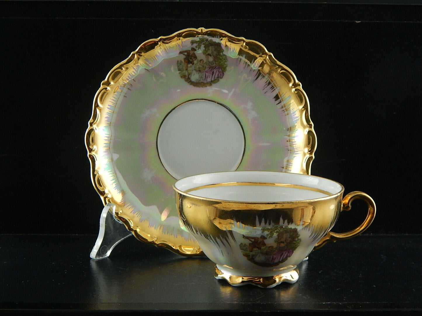 ANTICA TAZZA TE' PORCELLANA ORO BAVARIA SELTMANN THERESIA SCENA GALANTE WATTEAU