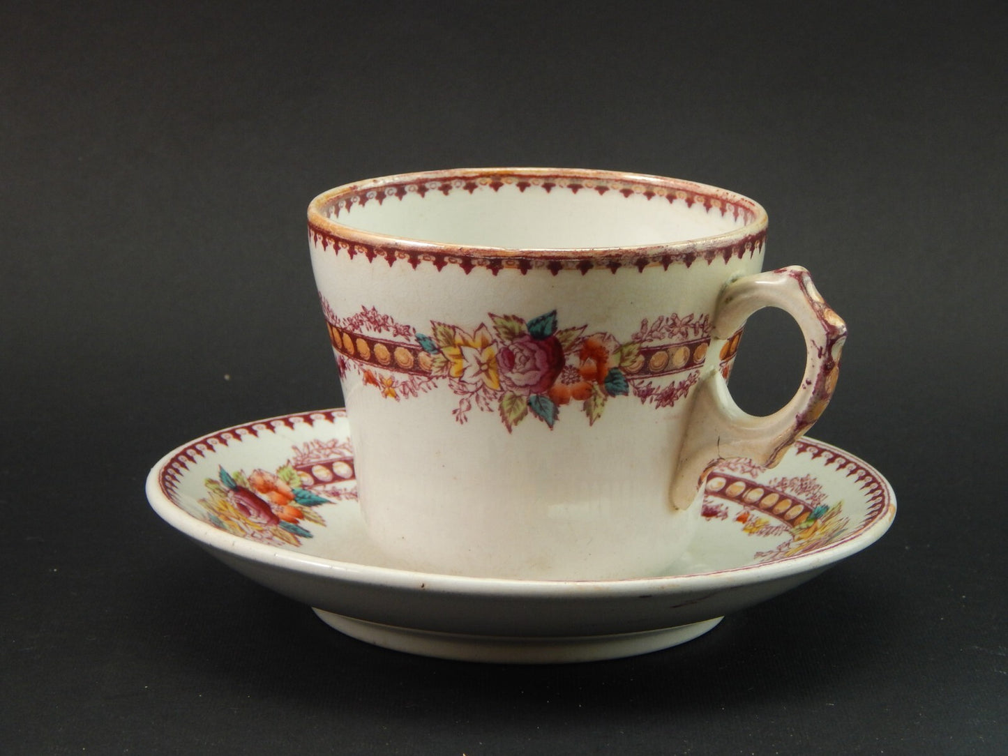 ANTICA TAZZA TE' CON PIATTINO CERAMICA MAASTRICHT PETRUS REGOUT BOUQUET FINE 800