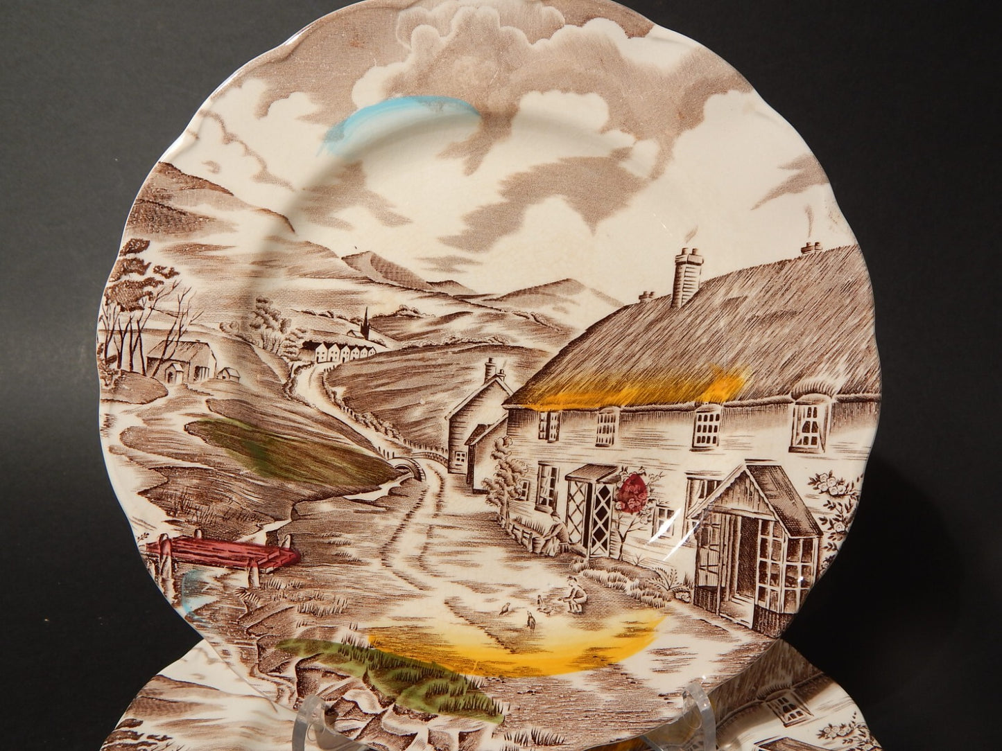 VINTAGE SET 3 PIATTI CM 22,5 CERAMICA W. H. GRINDLEY STAMPA MANO QUIET DAY