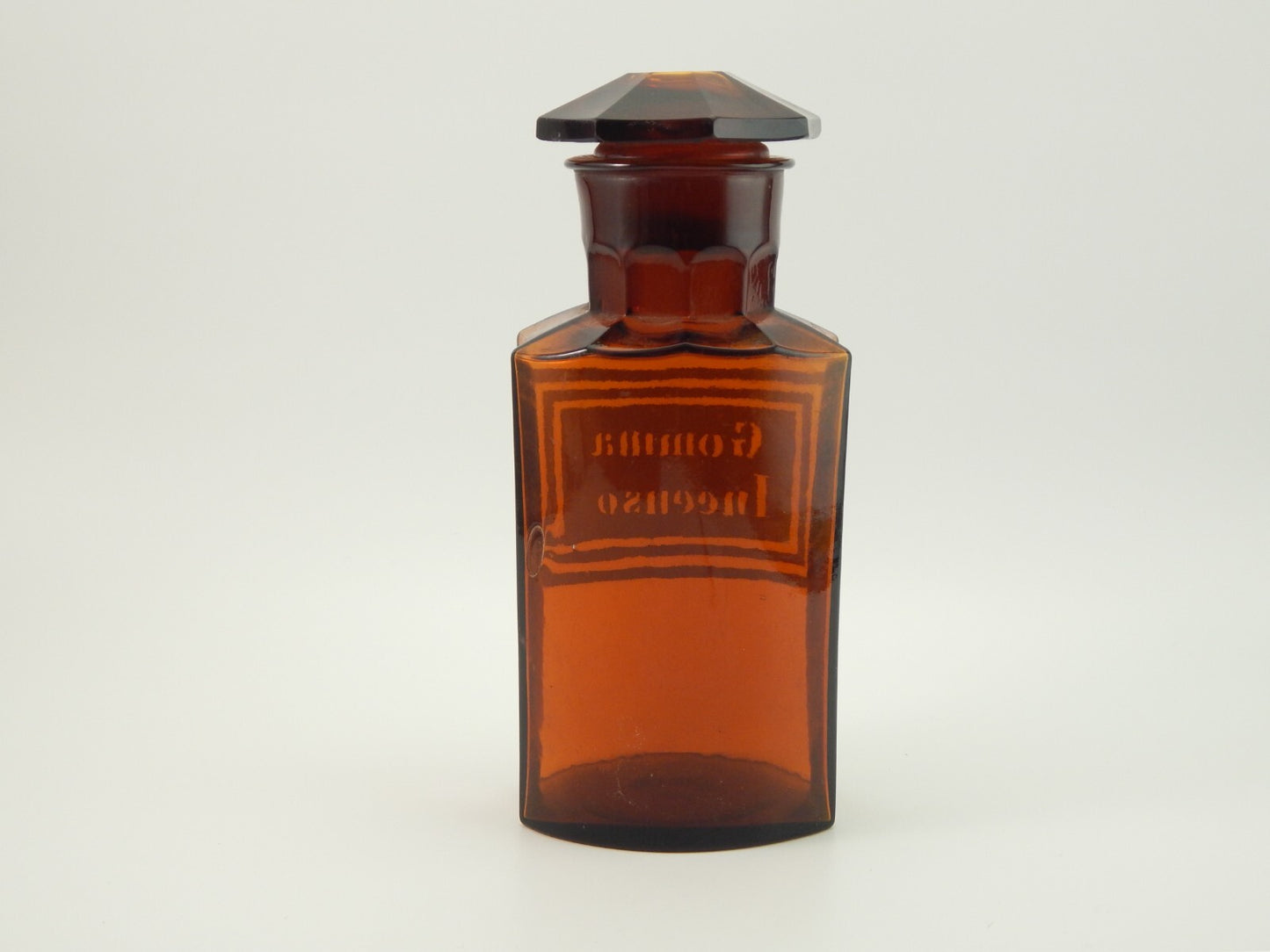 ANTICA BOTTIGLIA VETRO SOFFIATO FARMACIA COLOR AMBRA ETICHETTA GOMMA INCENSO