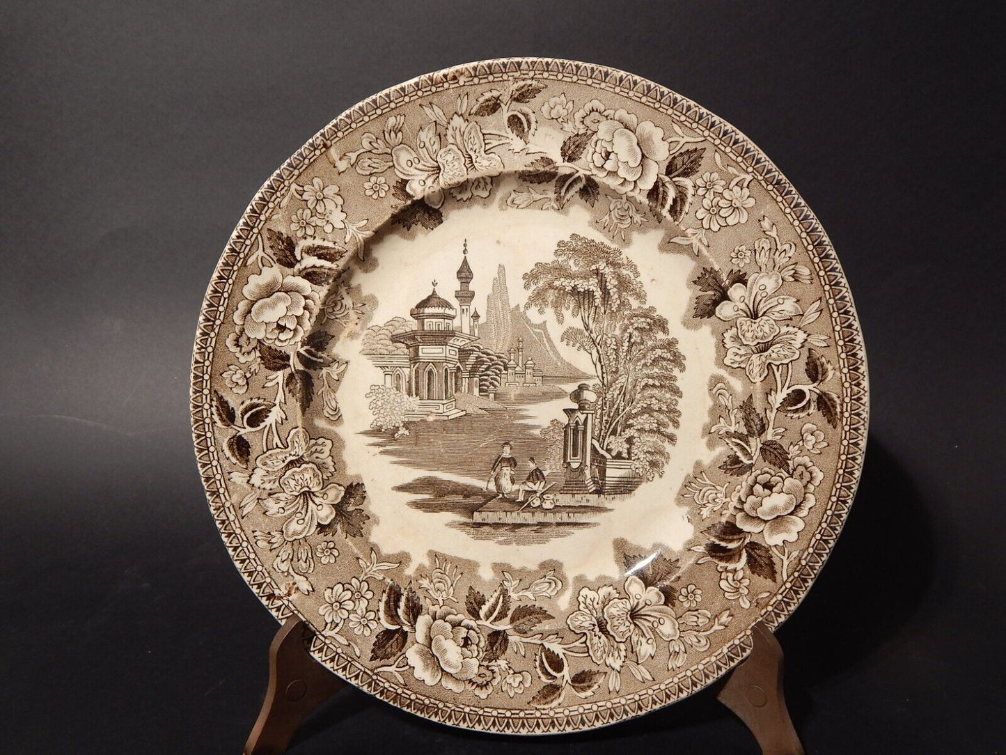 ANTICO PIATTO CERAMICA POTTERY J. MARSHALL & CO BOSPHORUS STAMPA A MANO MARRONE