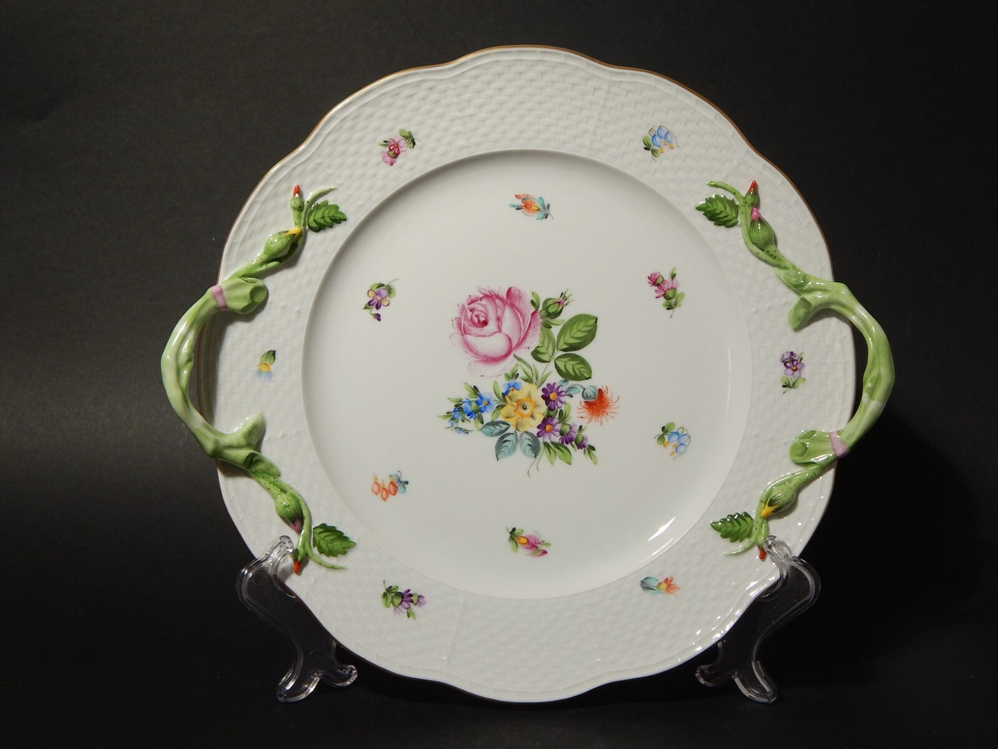 PREZIOSO HEREND VASSOIO CON MANICI PORCELLANA BOUQUET DE FLEURS