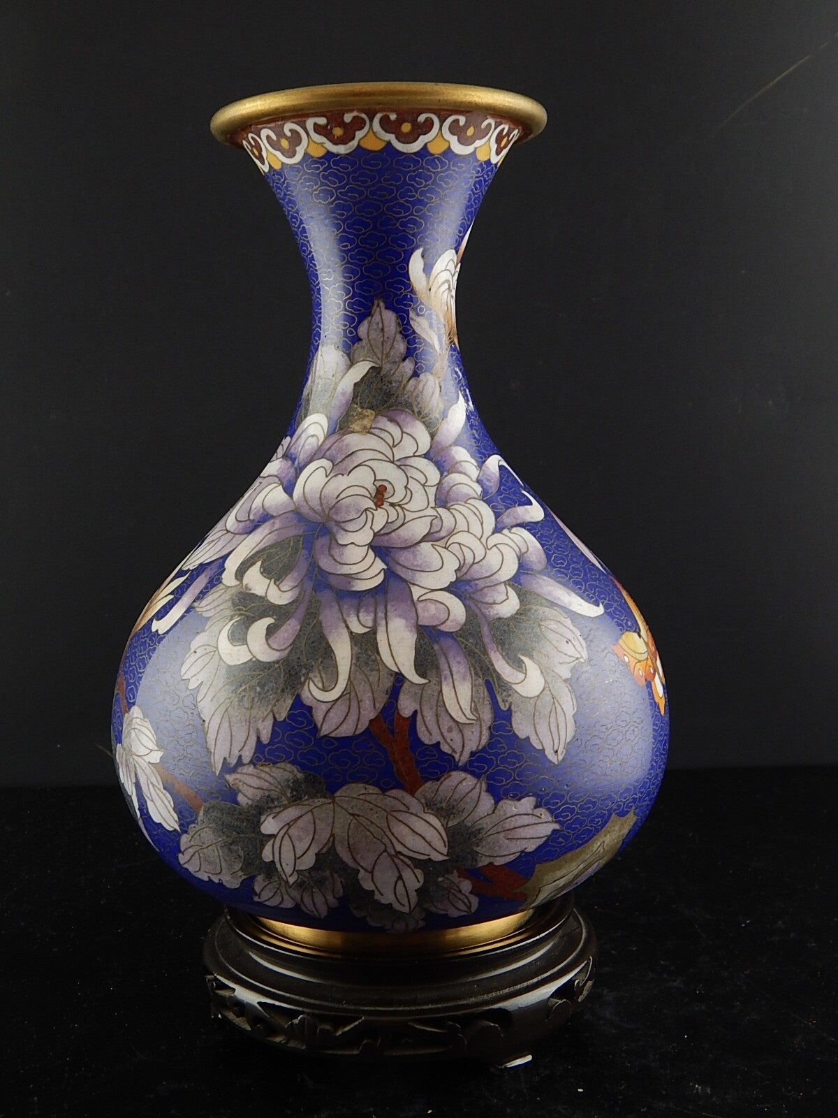 VINTAGE PREZIOSO VASO ORIENTALE CLOISONNE LUSTRO BISANZIO CRISANTEMI FARFALLA