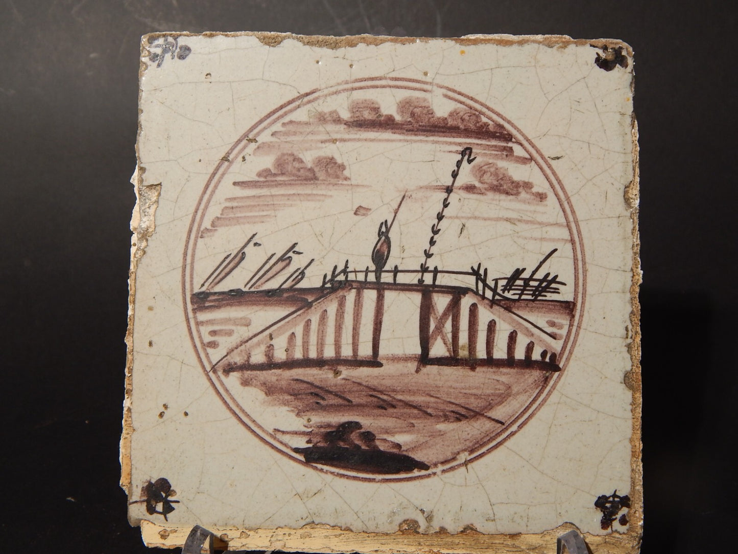 ANTICA PIASTRELLA MATTONELLA CERAMICA DELFT DEL 1700 DECORO AL MANGANESE (485)