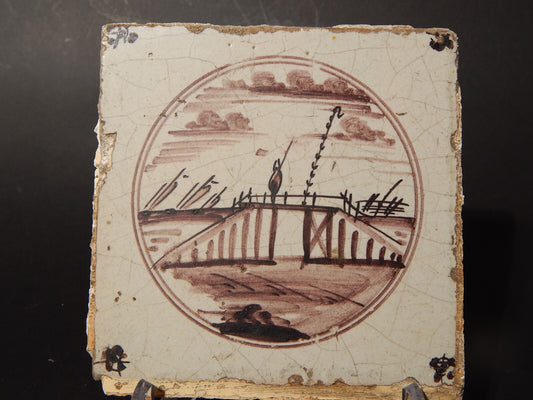 ANTICA PIASTRELLA MATTONELLA CERAMICA DELFT DEL 1700 DECORO AL MANGANESE (485)