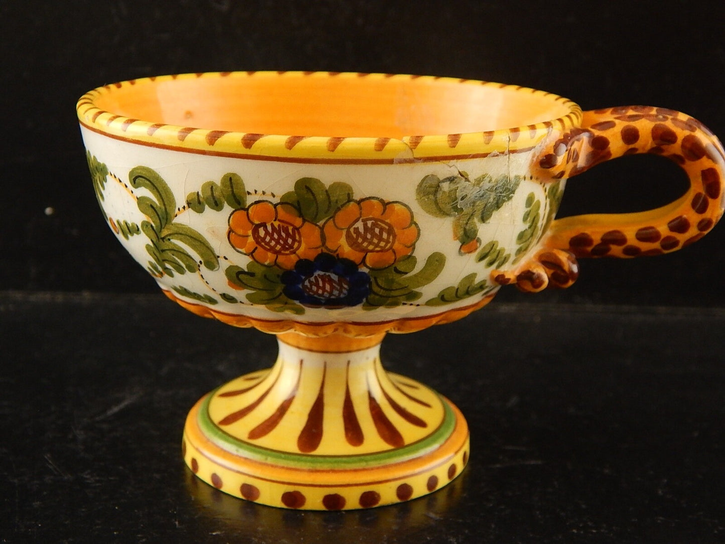 ANTICA TAZZA MAIOLICA CERAMICA POLICROMA FANTECHI ANSA A SERPE PRIMO 900 #8905