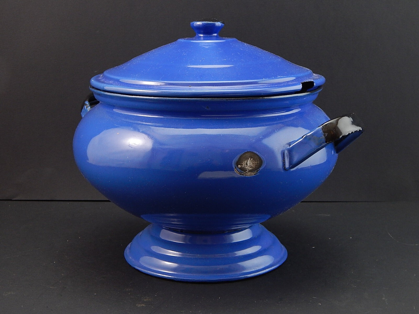 ANTICA RARA ZUPPIERA LATTA SMALTATA PORCELLANATA BLU COBALTO