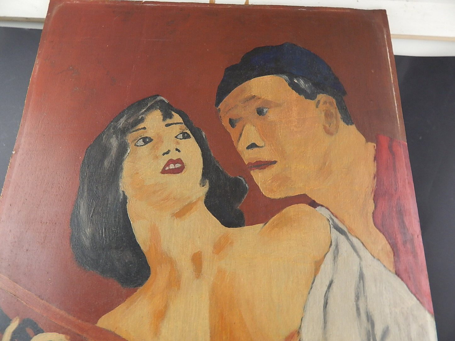 VINTAGE ORIGINALE DIPINTO SU LEGNO FIGURE CON FUCILE FIRMATO JIM 59