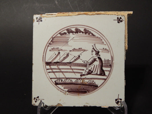 ANTICA PIASTRELLA MATTONELLA CERAMICA DELFT DEL 1700 DECORO AL MANGANESE (473)