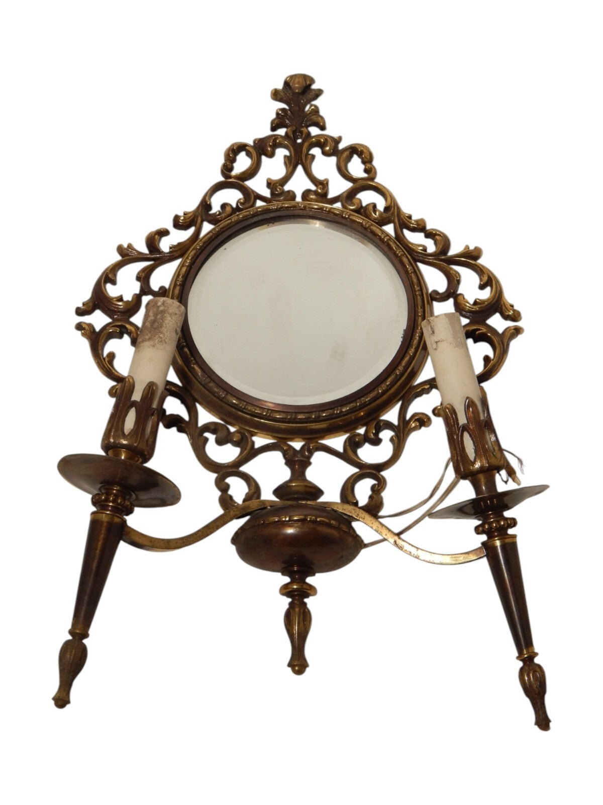 ANTICA APPLIQUE 2 FUOCHI CON CORNICE STILE BAROCCO OTTONE O BRONZO E SPECCHIO