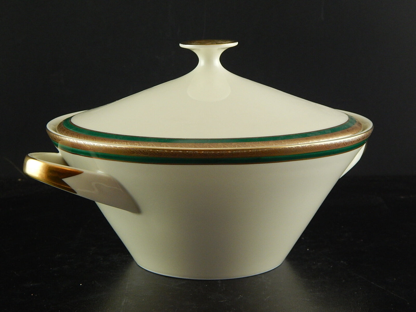 RETRO ELEGANTE PICCOLA ZUPPIERA IMPERO PORCELLANA BAVARIA AVORIO SMERALDO ORO