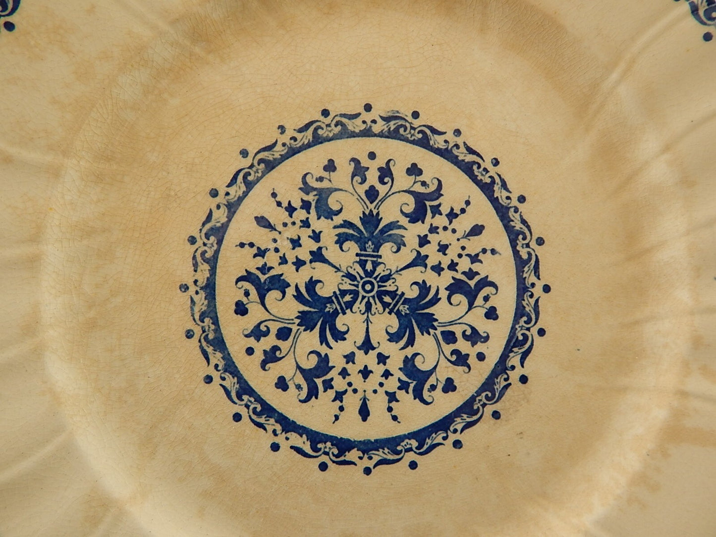 ANTICO RARO DEL 1875 PIATTO PIANO CERAMICA GIEN DECORO BLU ALLA ROUEN