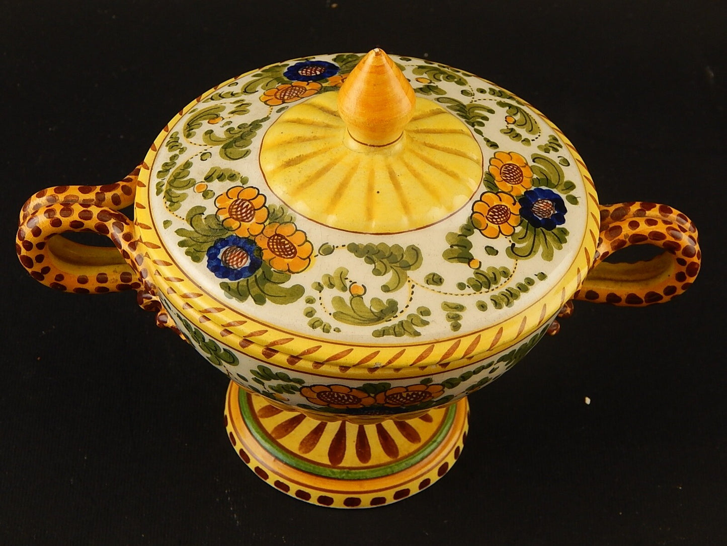 ANTICA POTICHE ZUCCHERIERA MAIOLICA CERAMICA POLICROMA FANTECHI ANSE A SERPE