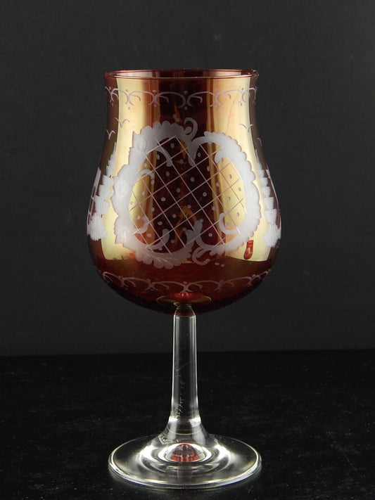 ANTICO BICCHIERE CALICE CRISTALLO ROSSO RUBINO INCISO ALL'ACIDO BOEMIA