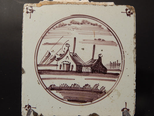 ANTICA PIASTRELLA MATTONELLA CERAMICA DELFT DEL 1700 DECORO AL MANGANESE (482)