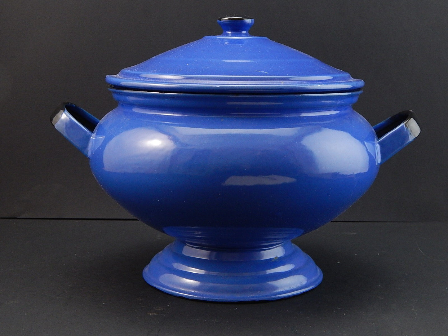 ANTICA RARA ZUPPIERA LATTA SMALTATA PORCELLANATA BLU COBALTO