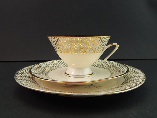 ANTICO TRIO TAZZA TÈ ART DECO PORCELLANA BAVARIA OSCAR SCHALLER DECORO CON ROSA