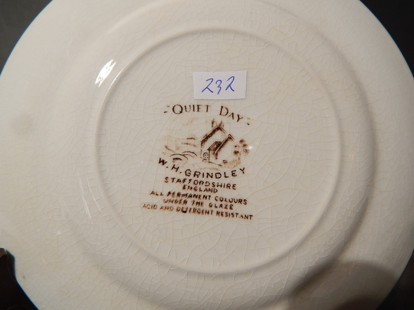 VINTAGE PIATTO CM 18 CERAMICA W. H. GRINDLEY STAMPA MANO QUIET DAY
