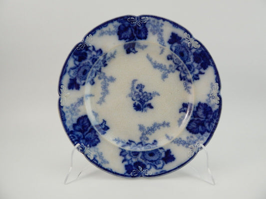 RARO ANTICO PIATTO PORCELLANA FLOW BLUE 1800 DECORO FLOREALE MARK COAT OF ARMS