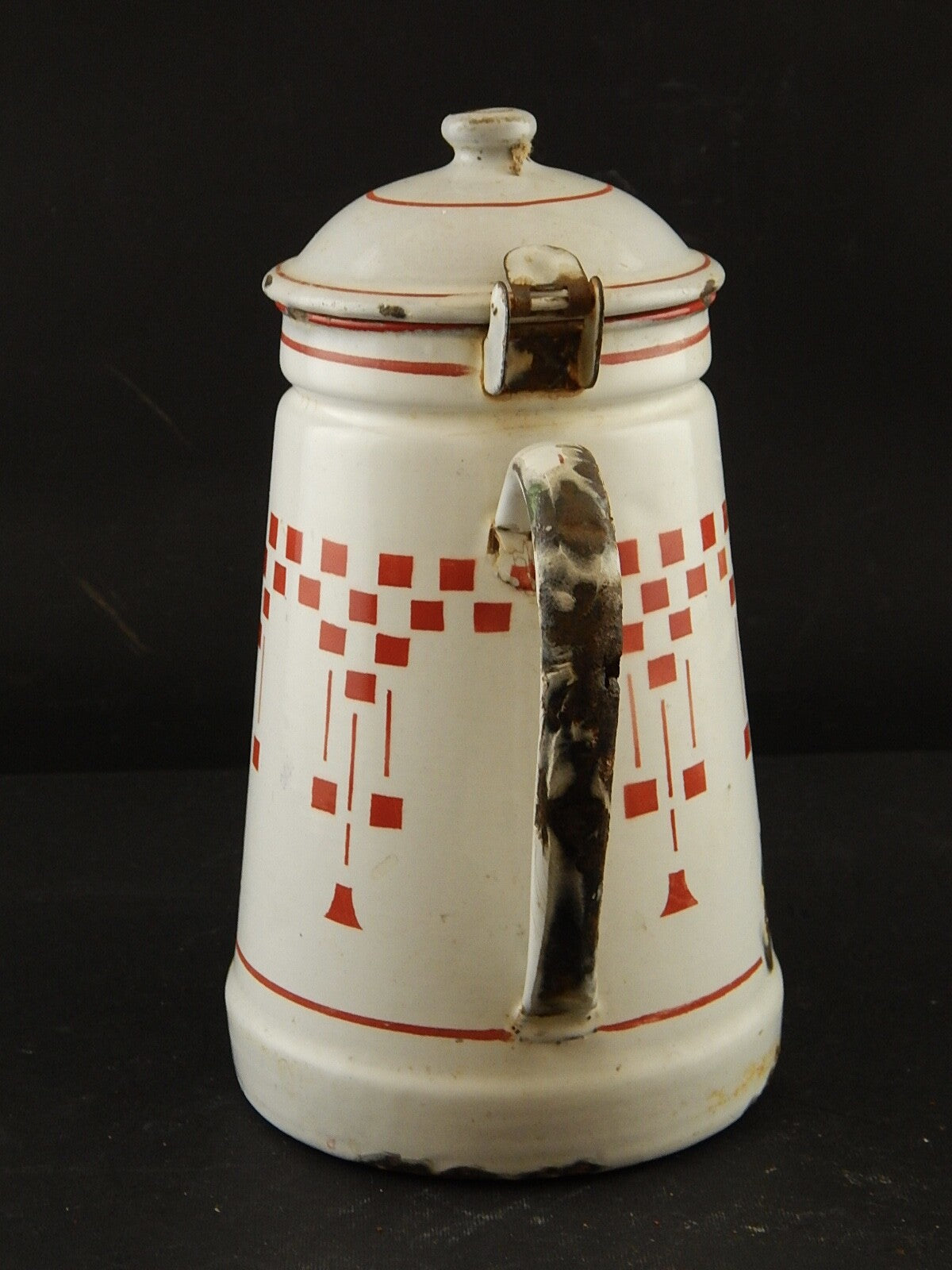 ANTICA FRANCIA CAFFETTIERA LATTA SMALTATA PORCELLANATA ROSSO COUNTRY COLLECTION