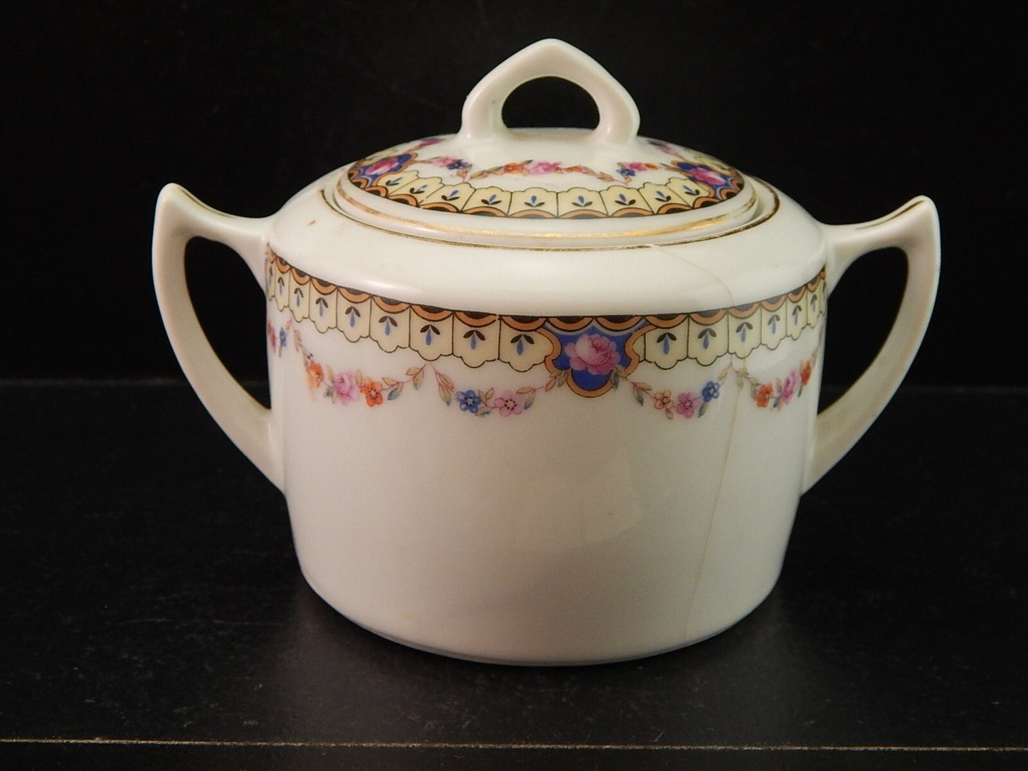 ANTICA ART DECO ZUCCHERIERA PORCELLANA BOEMA DECORO A GHIRLANDA DIFETTO