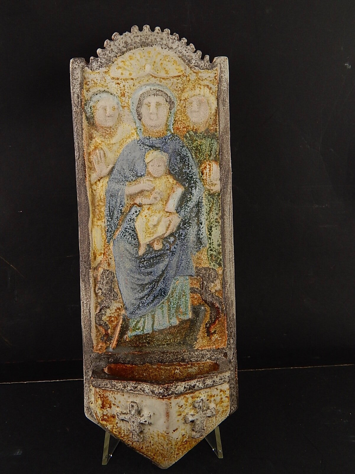 ARTE SACRA VINTAGE PREZIOSA ACQUASANTIERA CERAMICA MAIOLICA STUDIO POGGI FAENZA