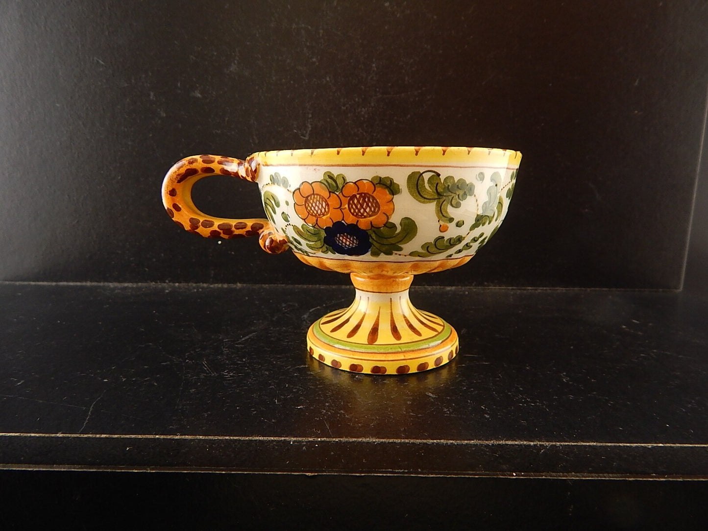 ANTICA TAZZA MAIOLICA CERAMICA POLICROMA FANTECHI ANSA A SERPE PRIMO 900 #8931