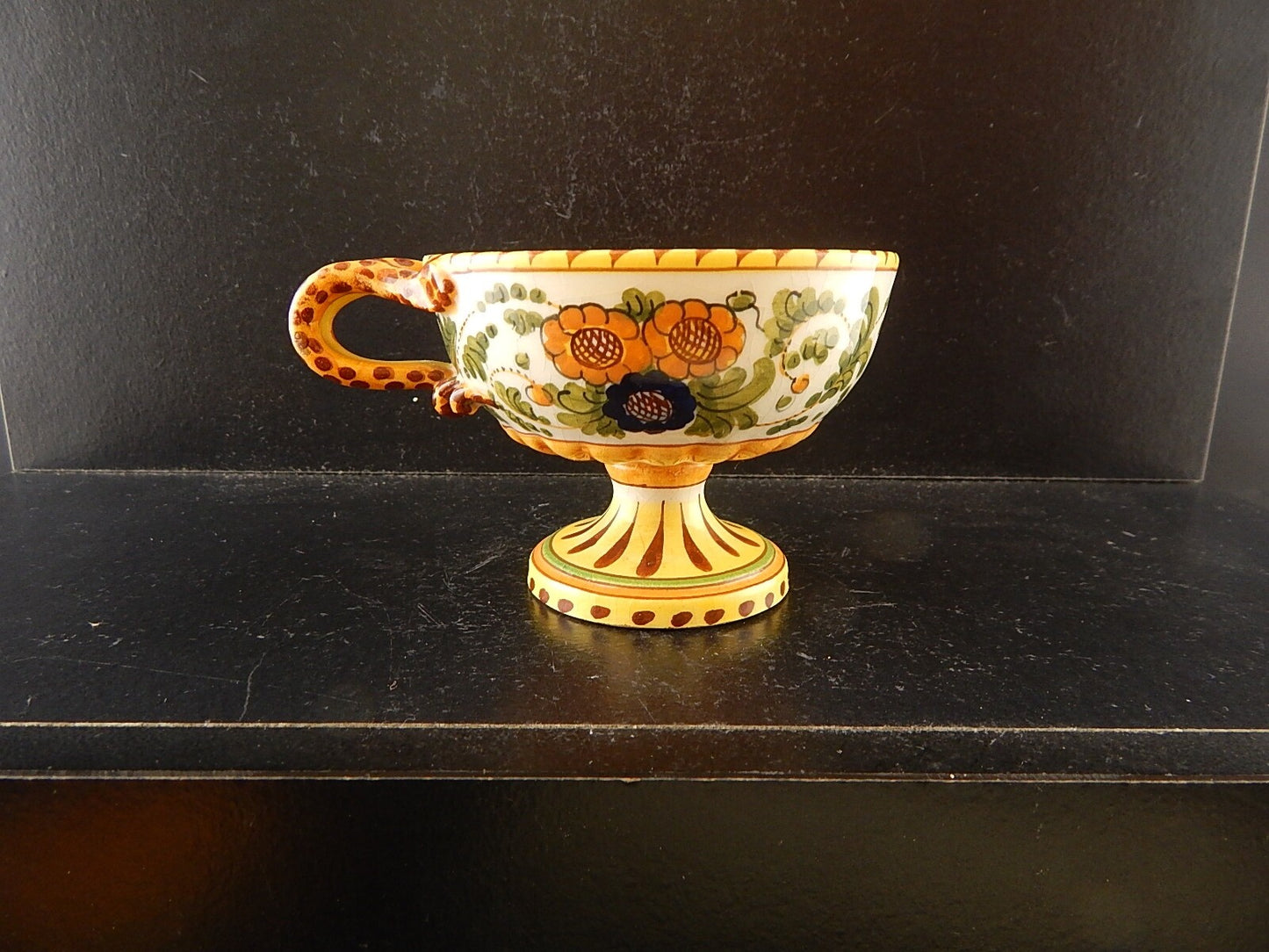 ANTICA TAZZA MAIOLICA CERAMICA POLICROMA FANTECHI ANSA A SERPE PRIMO 900 #8907