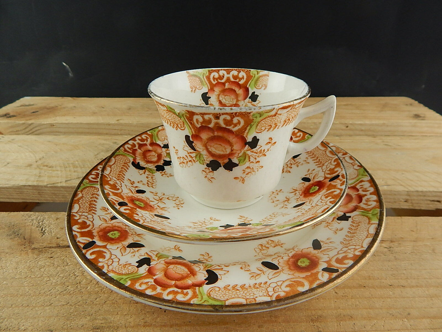 ANTICO PREZIOSO TRIO TAZZA TÈ 2 PIATTI PORCELLANA INGLESE EPOCA VITTORIANA #5921