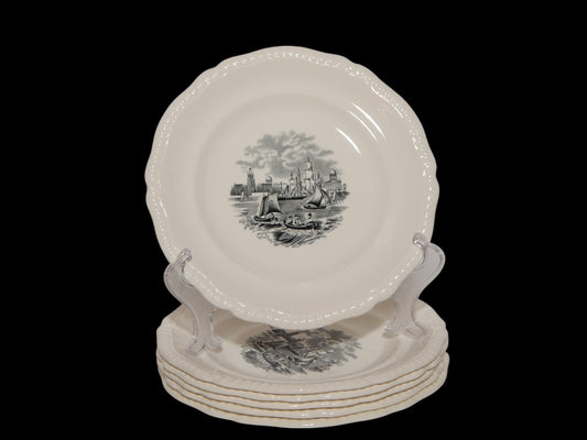 ANTICO SERVIZIO 6 PIATTI DESSERT SEMI-PORCELLANA COPELAND SPODE PAESAGGIO MARINO