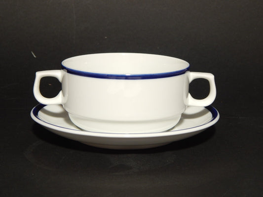 VINTAGE SERVIZIO 6 TAZZE BRODO PORCELLANA BIANCA PROFILO BLU G BENEDIKT GROUP