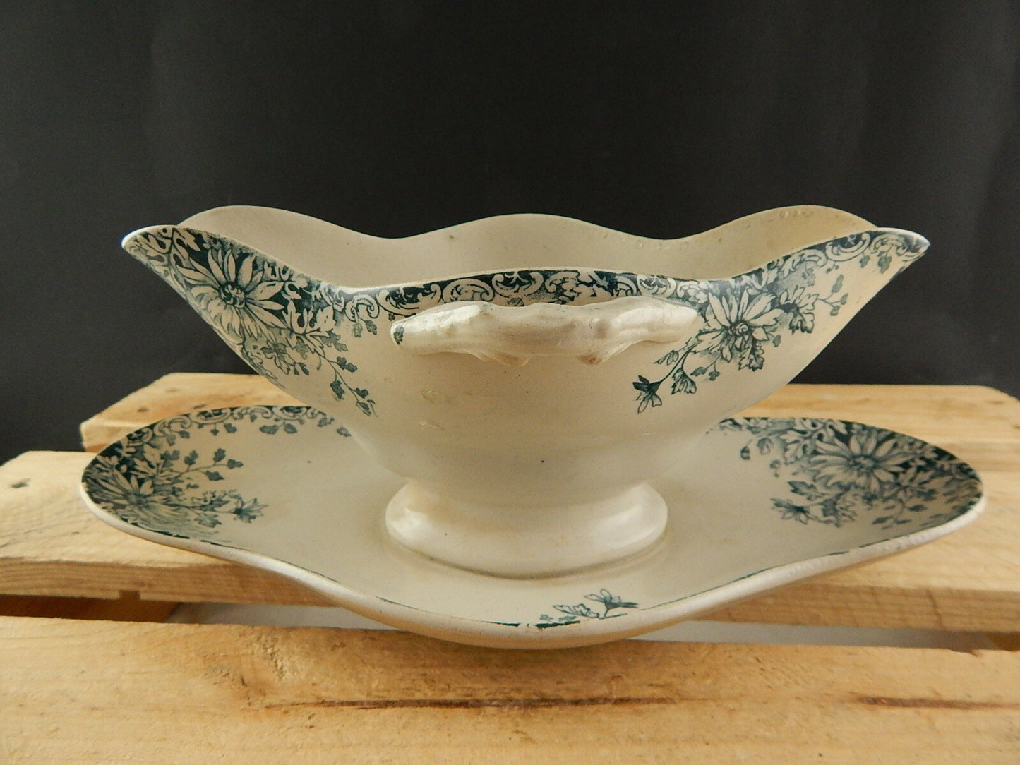 ANTICA 1886 ART NOUVEAU SALSIERA PORCELLANA OPACA GIEN FIORI AUTUNNO