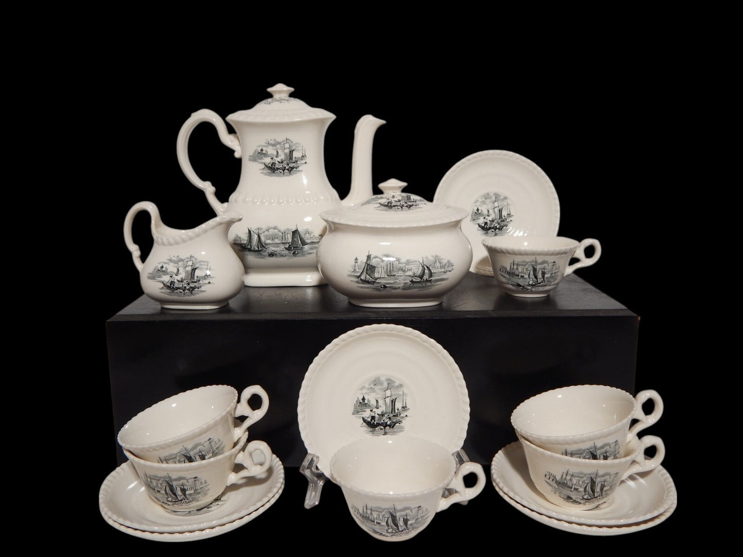 ANTICO SERVIZIO CAFFE' INGLESE SEMI PORCELLANA COPELAND SPODE PAESAGGIO MARINO