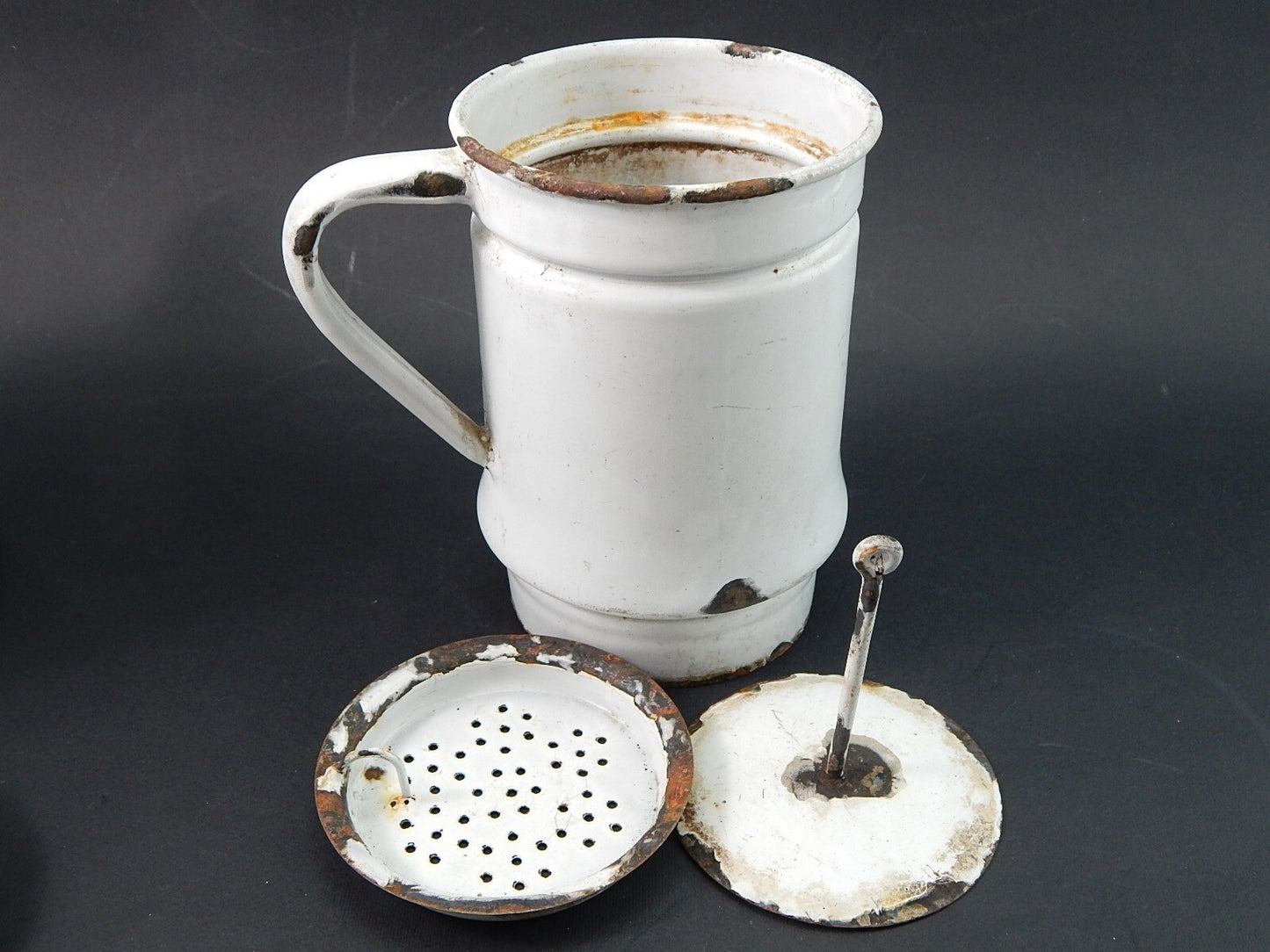 ANTICA CAFFETTIERA LATTA SMALTATA PORCELLANATA BIANCA DUE LEONI BASSANO