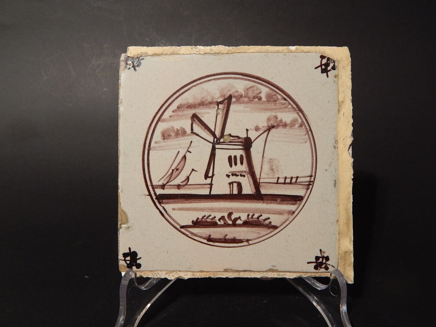 ANTICA PIASTRELLA MATTONELLA CERAMICA DELFT DEL 1700 DECORO AL MANGANESE (483)