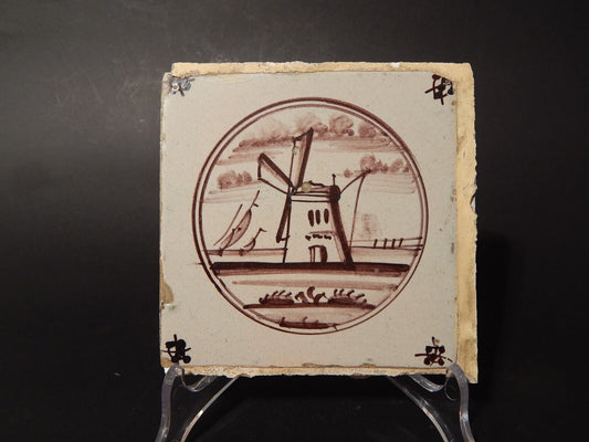 ANTICA PIASTRELLA MATTONELLA CERAMICA DELFT DEL 1700 DECORO AL MANGANESE (483)