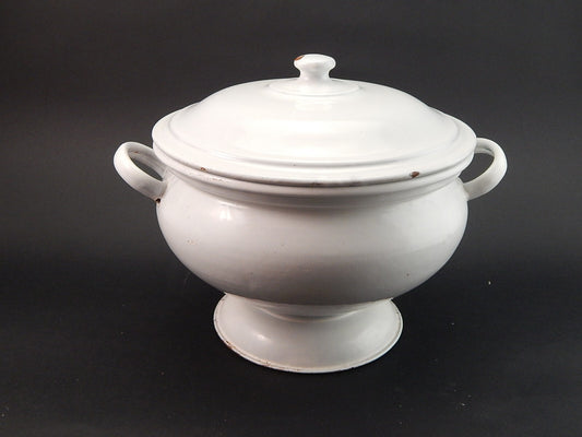 ANTICA RARA ZUPPIERA LATTA SMALTATA PORCELLANATA BIANCA MARCA DUE LEONI