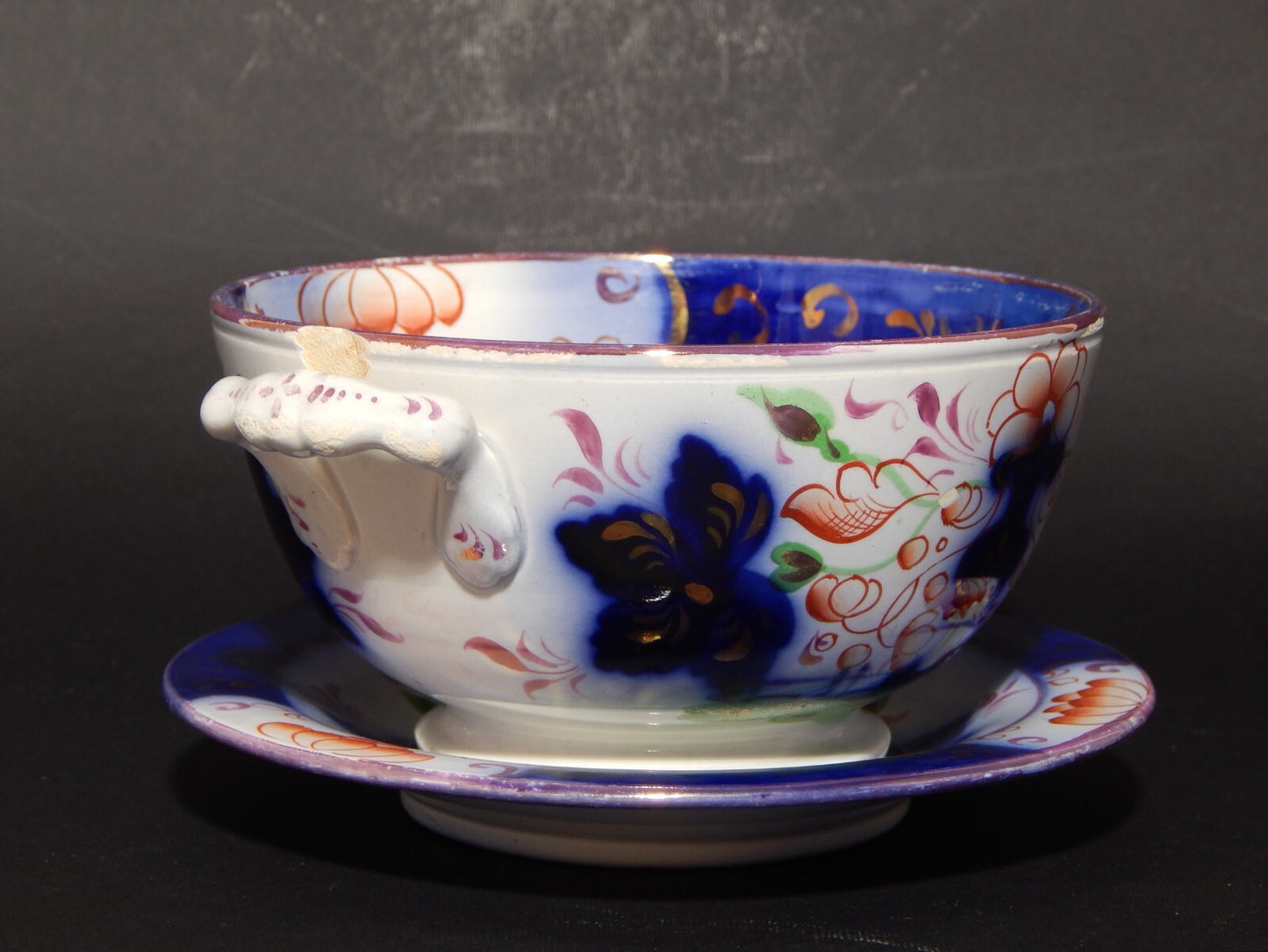 ANTICA RARA CERAMICA POTTERY STAFFORDSHIRE TAZZA PUERPERA BRODO DECORO POLICROMO