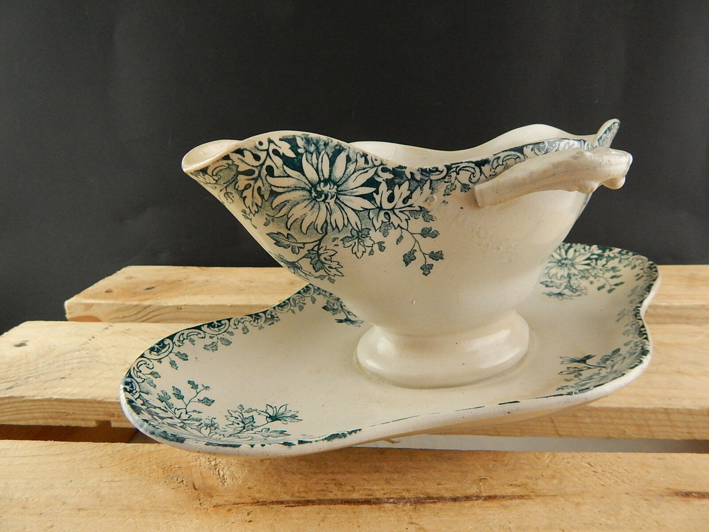 ANTICA 1886 ART NOUVEAU SALSIERA PORCELLANA OPACA GIEN FIORI AUTUNNO