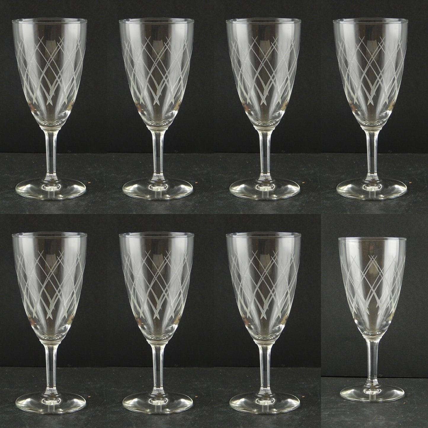 ANTICO ART DECO SERVIZIO 8 BICCHIERI CALICI CRISTALLO BOEMIA INCISI CM 17,5