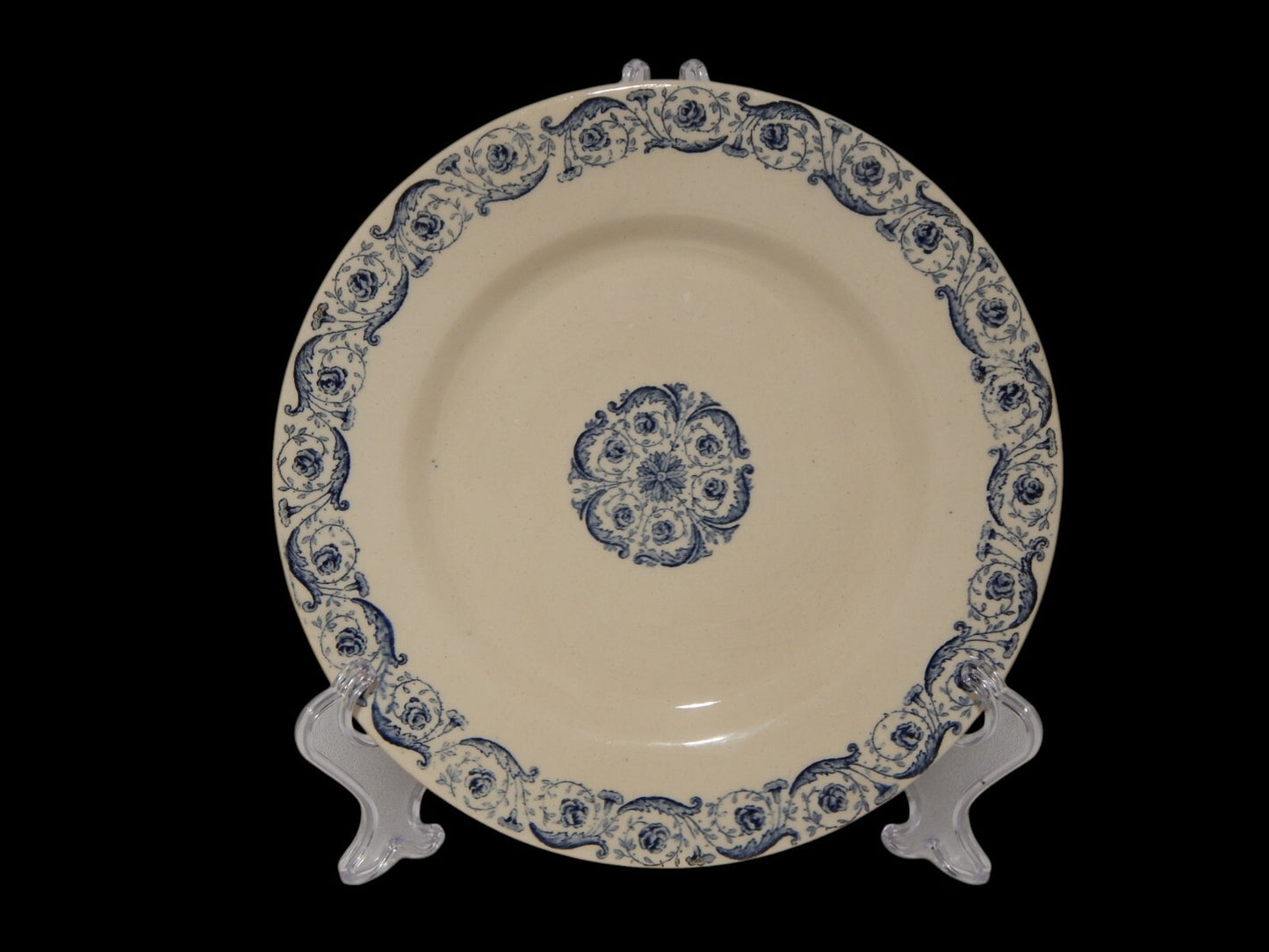 ANTICA FINE 1800 ALZATA FRUTTIERA CENTROTAVOLA CERAMICA GIEN DECORO BLU BIARRITZ