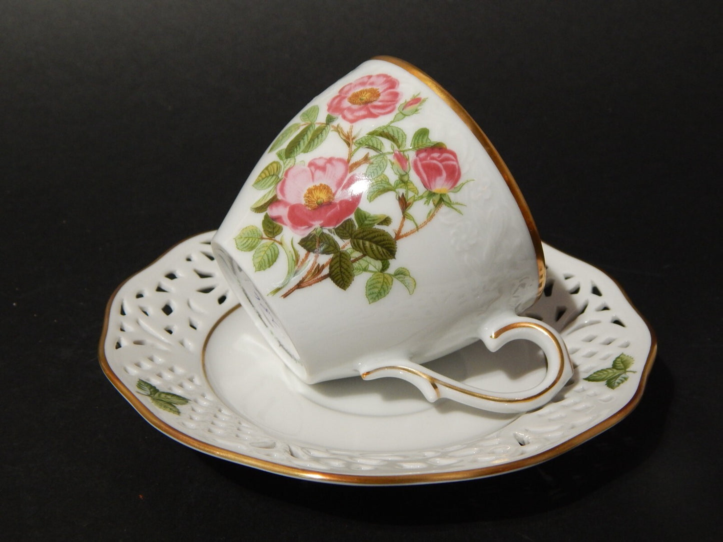 VINTAGE TAZZA PORCELLANA SCHUMANN BAVARIA PIERRE JOSEPH REDOUTE' ROSA CLASSICA #