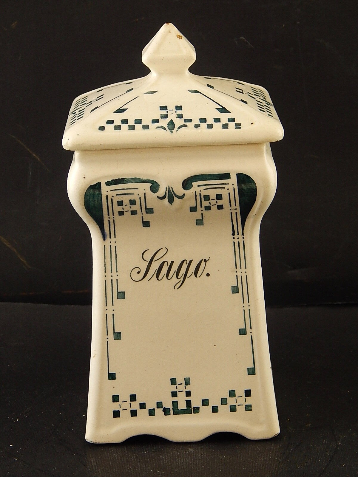 ANTICO RARO LIBERTY BARATTOLO CUCINA RIIS RISO CERAMICA DECORATO VERDE